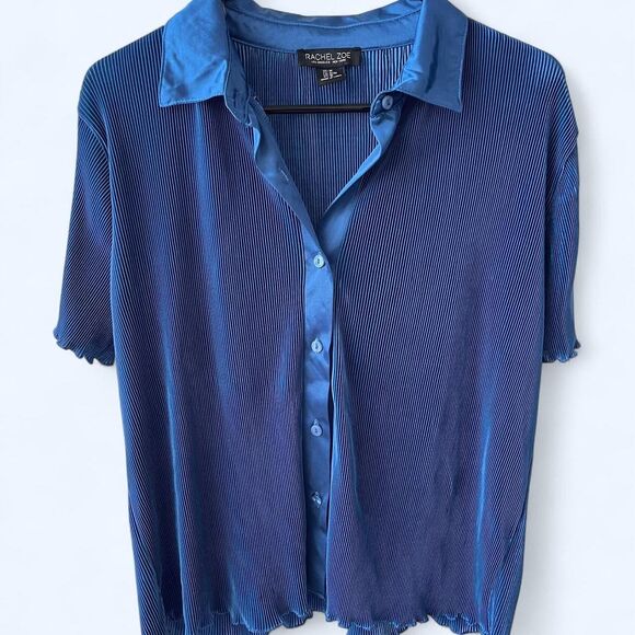 Navy Blue ribbed Rachel Zoe collared top with ruffled edges - Picture 1 of 4